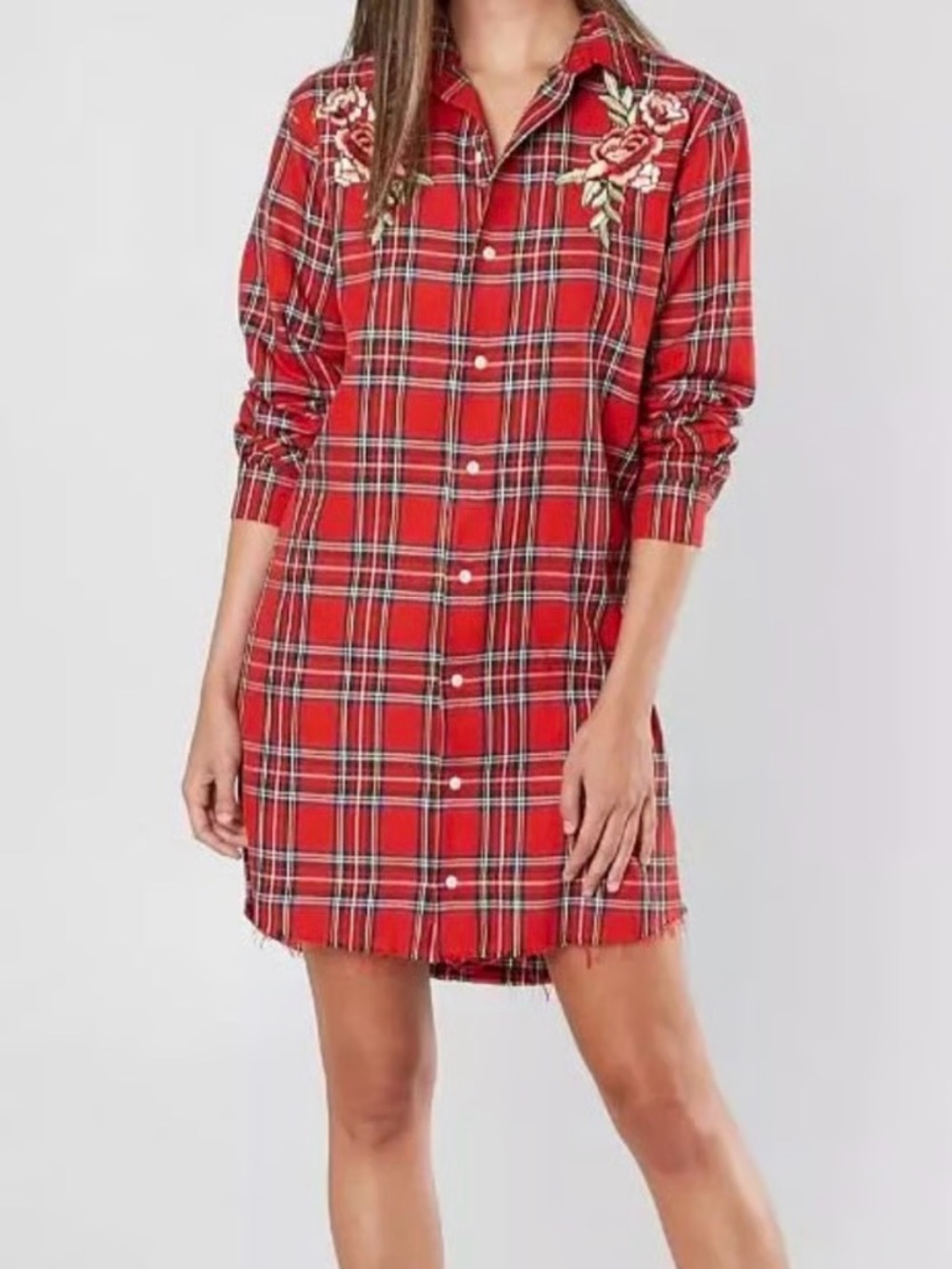 Kendall & Kylie Red Plaid Shirt Dress Embroidery Floral Western Coastal Cowgirl
